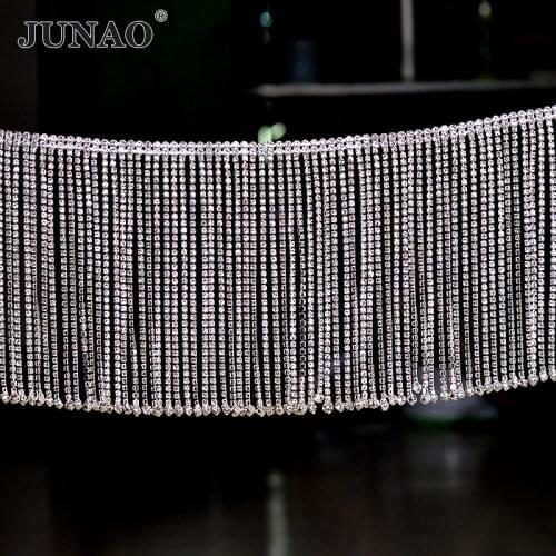 JUNAO 45cm Glitter AB Glass Rhinestone Fringe Chain Crystal Tassel Strass Applique Sewing Metal Trim For Clothes Jewelry