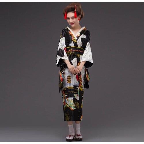 Black Woman Lady Japanese Tradition Yukata Kimono Bath Robe Gown With Obi Flower Vintage Cosplay Costume Evening Party Dress