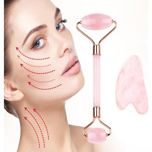 Natural Rose Quartz Jade Roller Gua Sha Set Guasha Scraper Facial Roller Massager Face Lifting Slimming for Neck Body Skin Care