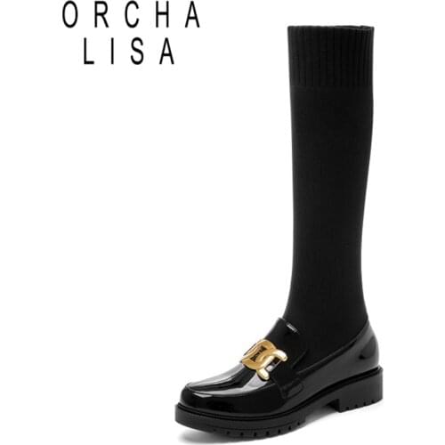 ORCHALISA Winter Autumn 2021 Square Toe Knee Boots PU Leather Metal Chain Knitting Woolen Tube Sock Boot Women Fashion Stretchy