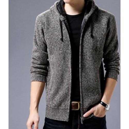 Men Autumn Winter Long Sleeve Plush Liner Zip Pockets Knitted Hooded Coat Jacket