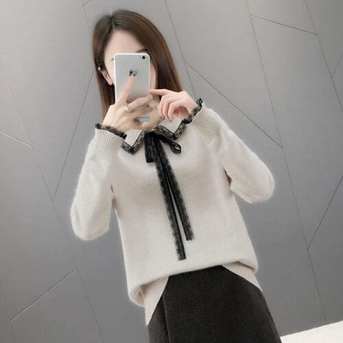 2019 Spring Autumn New Womens Lace Collar Sweater Slim Sexy Pullover Thin Section Female Large Size Womens Shirt Tops