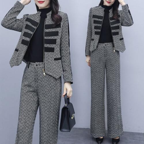 2021 spring and autumn new Korean casual fashion woolen suit womens short coat wide leg pants two-piece suit