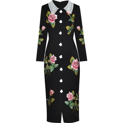 Sheath Christmas Autumn Winter Runway Fashion Black Luxury Flower Embroidery Splited Elegant Slim New Year Dress