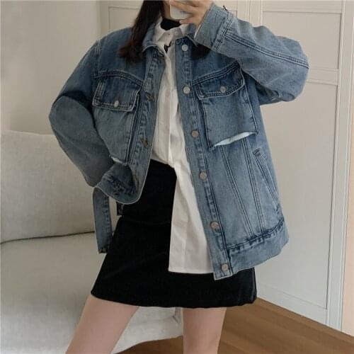 Autumn 2021 Women Pockets Blue Lapel Oversized Denim Jacket Streetwear Vintage Long Sleeve Casual Cropped Kurtka Jeansowa Damska