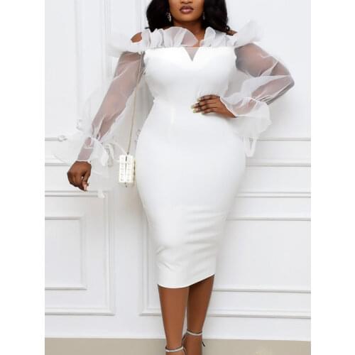 Sexy Women Party Dress Slim Fit See Though Sleeve Off Shoulder Backless White Wedding Bride Dress Spring Summer Office Fashion