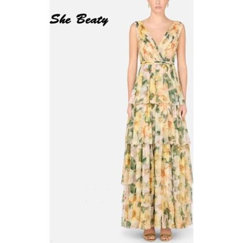 Shebeaty Runway Fashion Dresses Sexy V Neck Layered Ruffles Summer Women Luxury Party Dinner Dresses Princess Vogue Chic Vestido
