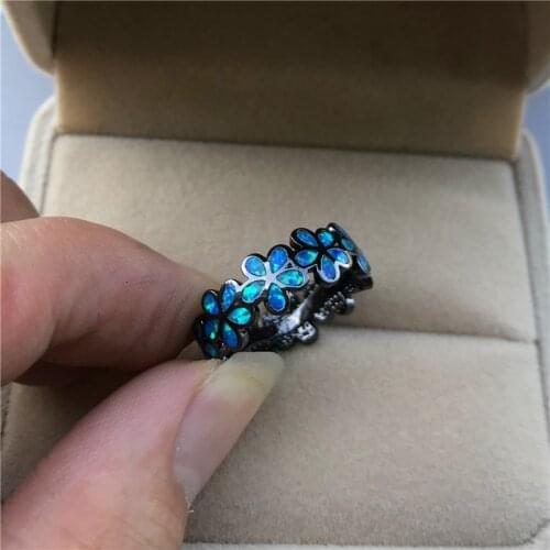 Vintage Female Blue White Opal Ring Classic Black Gold Wedding Ring Luxury Bride Flower Thin Engagement Rings For Women
