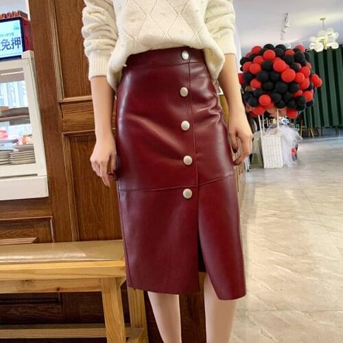 Women Genuine Leather Skirt 65cm Long Female Autumn High Waist Wrap Jupe Real Sheepskin Leather Skirts