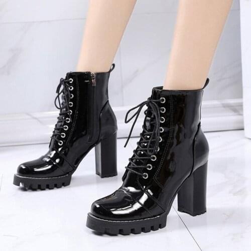 Women Patent Leather Ankle Boots Autumn Winter Womens Lace Up Boots Female Platform Super High Heels Ladies Round Toe Shoes