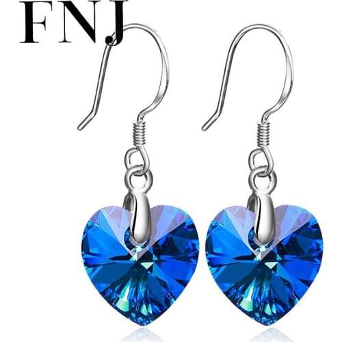 FNJ 925 Silver Drop Earrings for Women Jewelry New Fine 100% Pure Original S925 Silver Sterling Earring Blue Zircon Heart