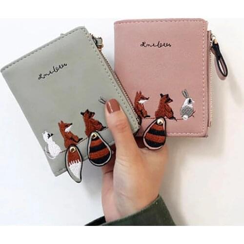 Creative Design Leather Womens Wallet Cartoon Cat Cute Fox Raccoon Short Wallets Female Small Coin Purse Hasp Zipper Card Purse