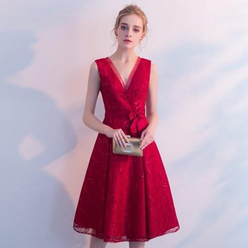 Aswomoye Sexy A-Line Short Evening Dress 2018 New V-Neck Red Carpet Dress Sashes with Bow Sequins Prom Dress robe de soiree
