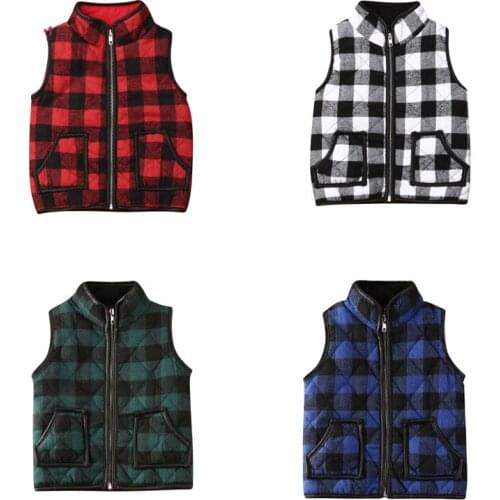 Toddler Baby Vest Autumn Winter Warm Plaid Zipper Waistcoat Jacket Casual Sleeveless Down Hooded Top Kids Outwear Vest