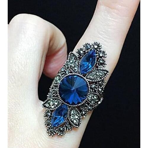 1Pc Vintage Blue Zircon Jewelry Rings Retro Punk Style Fine Goose Egg Jewelry Flower Carving Blue Big Oval Cut Peridot