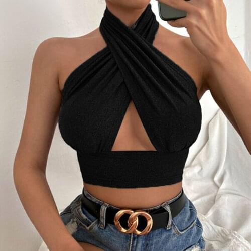 2021 Fashion Sexy Halter Crop Top Women Sleeveless Backless Hollow Out Tank Top Clubwear Streetwear Summer Lady Camis Tops