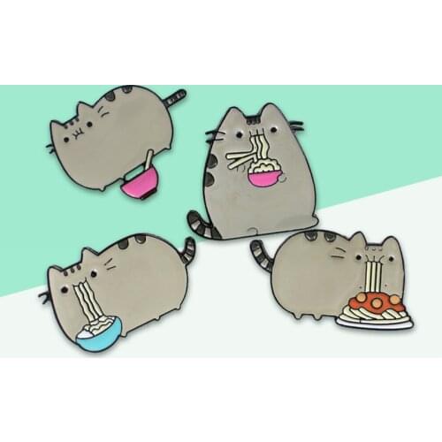 4 Styles Animation Kawaii Hungry Gray Greedy Fat Cat Eating Spaghetti Noodles Jeans Hat Bag Shoes Emblem For Pet lovers Kids