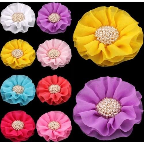 4pcs/lot 4" 15colors Big Ruffled Chiffon Artificial Fabric Flowers+Pearl For Hair Accessories For Wedding Decorative Gift