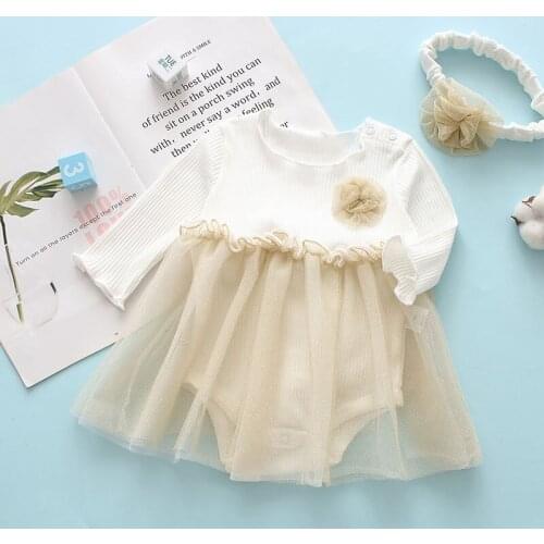 0-18M Baby Girls Romper Dress with Headdress Patckwork Long Sleeve Ruffled Hem Bodysuit Dress with Headband 2Pcs Outfits