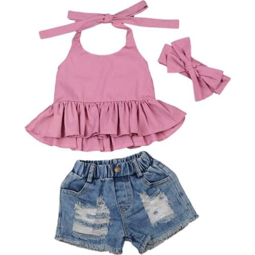 Girls Clothes 2020 Kid Baby Set Summer Toddler Infant 3PCS Sleeveless Crop Top Denim Shorts Pants Headband Clothing Outfits