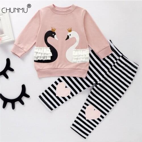 Spring Autumn Baby Girls Clothes Set Fashion Kid Girls Long Sleeve Swan Tops + Striped Pants 2 Sets Childrens Clothing
