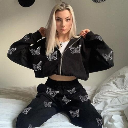 Butterfly Tracksuit Women Two Piece Set Autumn Winter Clothing Zipper Hoodies Sweatshirt and Sweatpants Suit Casual Womens Sets