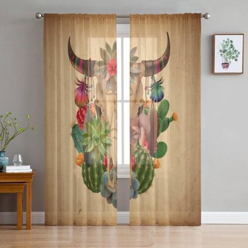 Summer Cactus Cow Skull Retro Chiffon Sheer Curtains for Living Room Bedroom Home Decoration Window Voiles Tulle Curtain