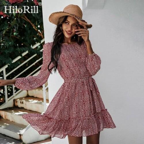 HiloRill 2021 Summer Printed Mini Dresses Women O Neck A Line Ruffles Boho Beach Dress Casual Long Sleeve Elegant Sashes Dress