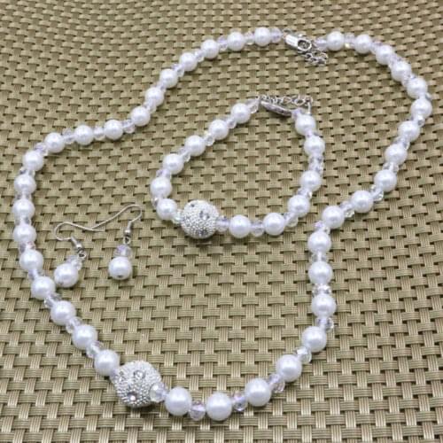 Trendy Women Original Diy Jewelry Set 8mm White Simulated Pearl Shell Crystal Beads Necklace Bracelet Earrings Charms Sets B3181