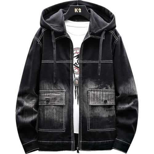 Brand Clothes Korean Clothes Black Men Denim Jacket 2021 Spring New Mens Hoodeed Jean Jacket Casual Pockets Zipper Coats
