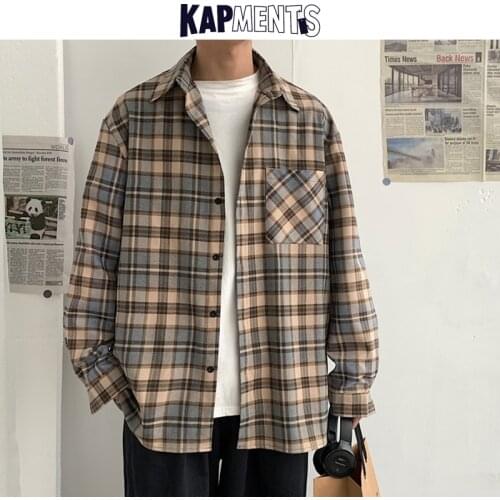 KAPMENTS Men Korean Fashions Long Sleeve Plaid Shirts 2021 Spring Mens Japanese Harajuku Botton Up Shirt Male Loose Vintage Tops