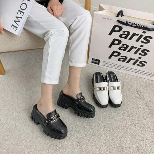 Metal Decoration Wedges Mules Woman Platform Slippers Slip on Square Toe Pump Heighten Shoes Punk Sandalias Mujer Black White