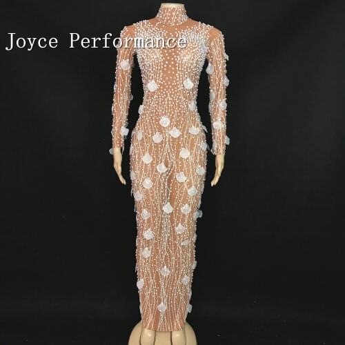 White Flower Silver Stones Pearls Dress Singer Party Celebrate Outfit Evening Wear Birthday Celebrate Long Dresses