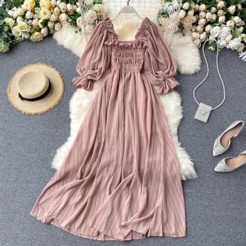 Summer Womens Dress New Square Collar Wooden Ear Bubble Sleeve Dress Korean Style Waist Slim Chiffon Female Dresses GX087
