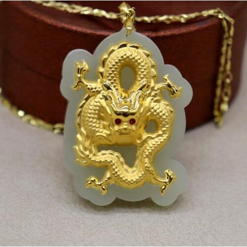 Luxury Jewelry Authentic Natural Jade Pendant With 24K Pure Gold Dragon Inlaid Amulet Fortune Necklace Charm Men Women Lovers