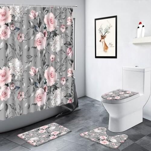 Pink Rose Flowers Shower Curtain Floral Plant Gray Background Decor Bathroom Carpet Non-slip Foot Mat Toilet Cover Bath Mats Set