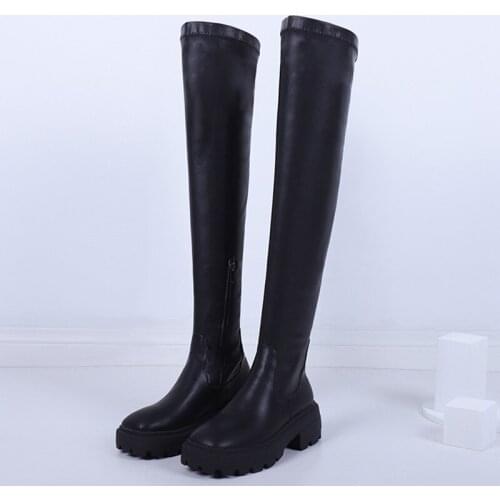 Stretch Boots Chunky Heels Over The Knee Boots Pu Flatform Shoes Round Toe Side Zipper Mujer Botas Flat Shoes for Women Boots