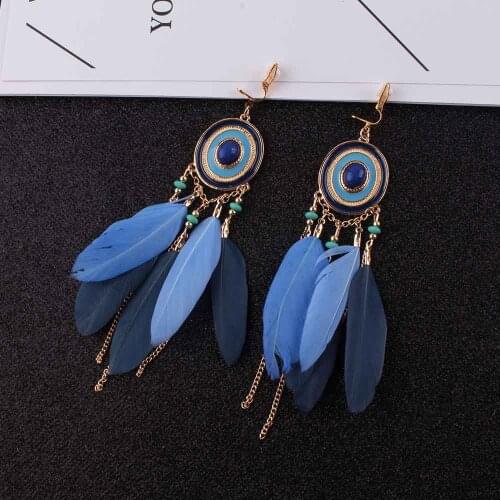 Wedding Bohemia Vintage Women Long Feather Clip On Earrings Tassel Bead Ethnic Indian Charm Brincos Jewelry