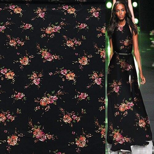 Flower design on black bottom silk Crepe DE chine fabric thick 19momme,SCDC940