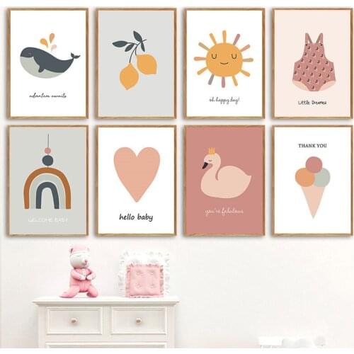 Nordic Cartoon Whale Wall Canvas Painting Print Swan Art Poster Rainbow Sun Stars Pictures For Baby Room Nursery Home Decoration