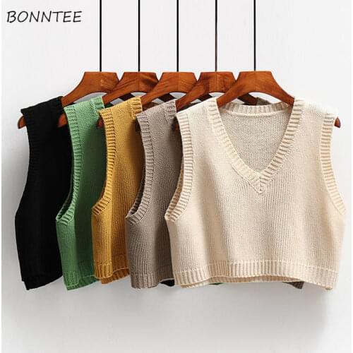 Sweater Vest Women Cropped Sweater Sleeveless Chic Sweet All-match V-neck Teens Knitwear Korean Trendy Spring Ladies Clothing