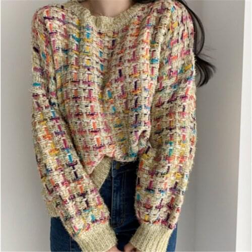 Loose Colorful Plaid Sweaters for Women Pullovers Knitted Autumn Winter Warm Sweater O-neck Long Sleeve Korean Style