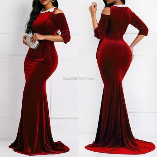 Vintage Red Velvet Evening Party Dress Women African Mermaid Gown Vestidos Femme Plus Size Floor Length Dress African Clothes