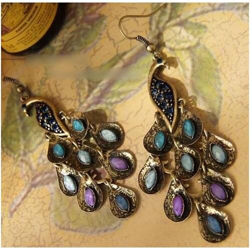 New retro blue peacock personality wild ethnic style earrings drop crystal fashion ladies earrings jewelry