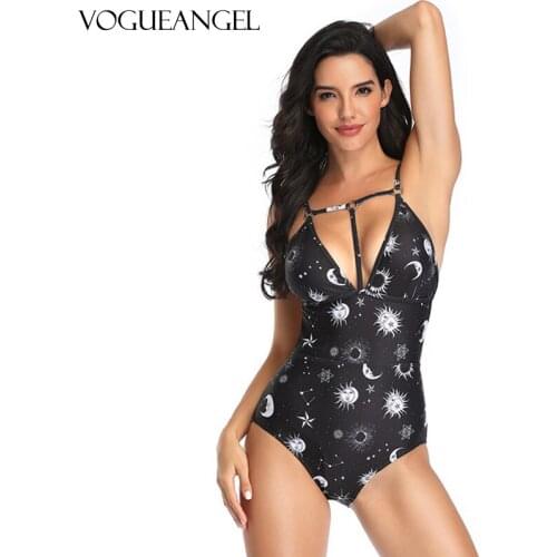 Sexy Spaghetti Straps One Piece Swimsuit Sun Moon Print Swimwear Women High Waisted Bathing Suit Beachwear Backless Swim Wear