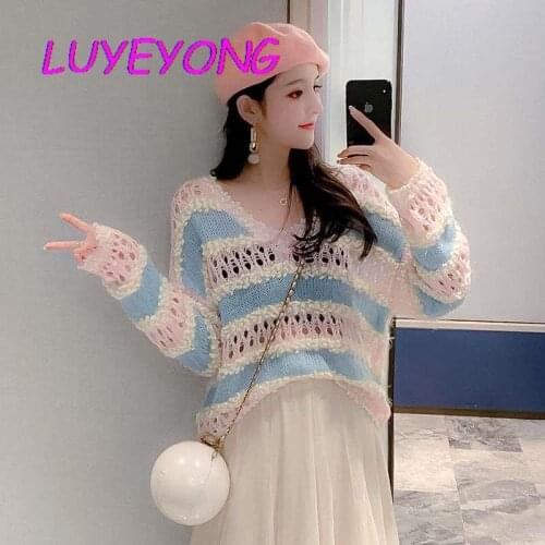 Lady V Neck Contrast Color Ruffles Knitwear Tassel Knit Pullover Thin Top Women Sweet Girl Hollow Out Stripe Sweater 2021 Spring