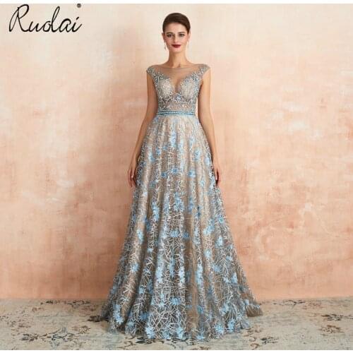 Luxury Illusion A-Line Evening Dresses Long 2019 Newest Crystal Sweep Train Formal Dress Party Gown vestido longo festa