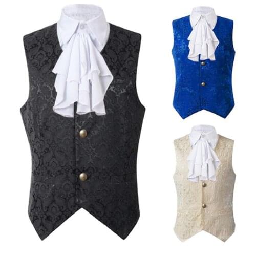 Mnes Steampunk Suit Vest Gothic Victorian Single Breast Brocade Medieval Halloween Cosplay WaistCoat with Jabot Tie