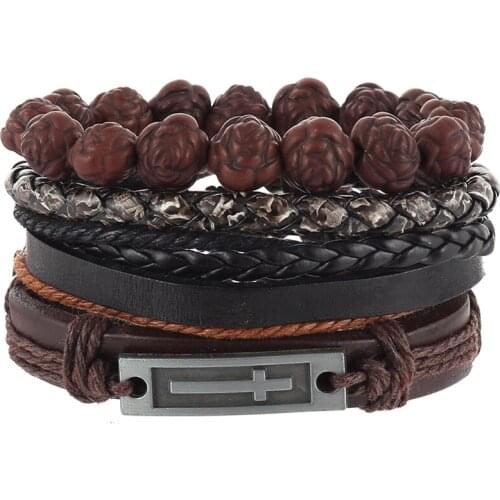 4pcs/set hippie punk dark brown leather cross tag charm cord knots rose beads Layers stackable wrap Bracelet Bangles for man