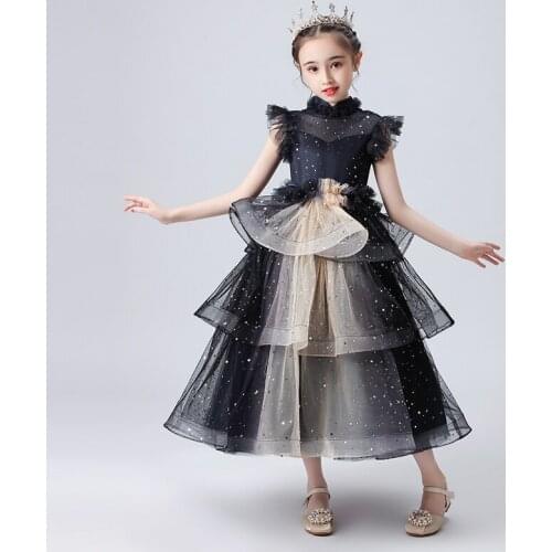 Black Luxury Flower Girl Dresses Princess Elegant Lace Sequined Ball Gown Tiered Ankle-Length Ruffles Tulle Kid Party Dress D234